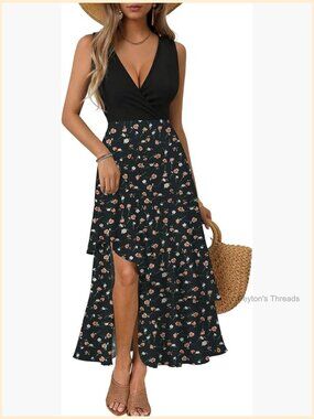 Boho High Low Midi Dress Wrap V Neck Sleeveless Floral Summer Beach Dress